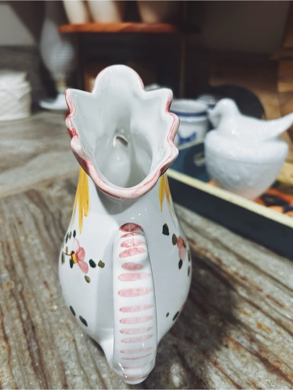 Hand painted Italian majolica pottery, rooster shaped ceramic pitcher